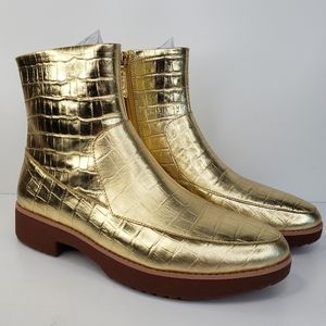 Fitflop Vintage Gold Crocodile Embossed Leather Comfort Zip Ankle Boots Sz 8.